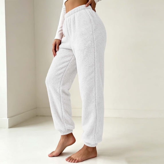 Women's Fleece Jogger Pants Soft Sherpa Sweatpants Warm Cozy Lounge Pants Elastic Waist Casual Joggers with Cuffed Ankle for Home Travel Outdoor