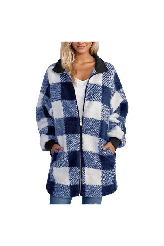 Women's Fleece Lapel Cardigan Jacket Long Sleeve Warm Coat Solid Color Checkered Outerwear with Pockets for Fall Winter Casual Plus Size