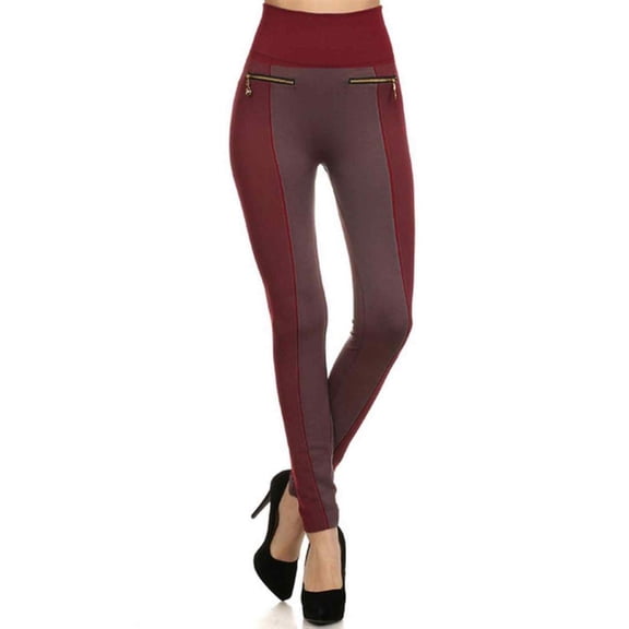 Women's Fleece Leggings Mid Waist Strechy Running Sports Pants with Zippers - (Burgundy/Taupe)