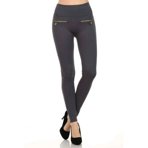 Women's Fleece Leggings Mid Waist Strechy Running Sports Pants with Zippers - (Charcoal)