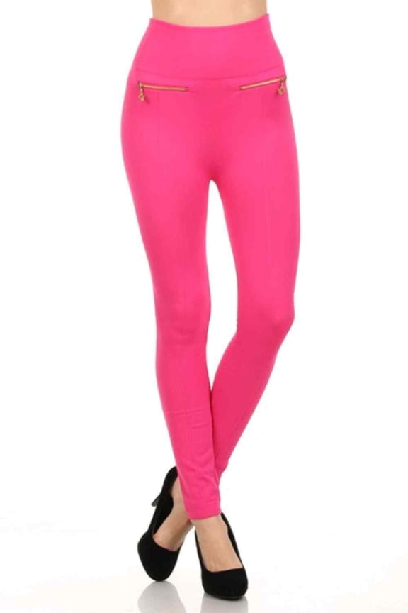 Women's Fleece Leggings Mid Waist Strechy Running Sports Pants with Zippers - (Fuchsia)