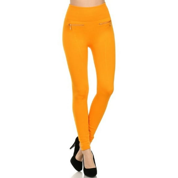 Women's Fleece Leggings Mid Waist Strechy Running Sports Pants with Zippers - (Mustard)