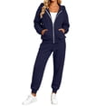 thumbnail image 1 of Women's Fleece Lined 2 Piece Tracksuit Zip Up Hoodie Jacket Jogger Pants Set Drawstring Waist Loose Fit Fall Winter Casual Loungewear Navy, 1 of 8