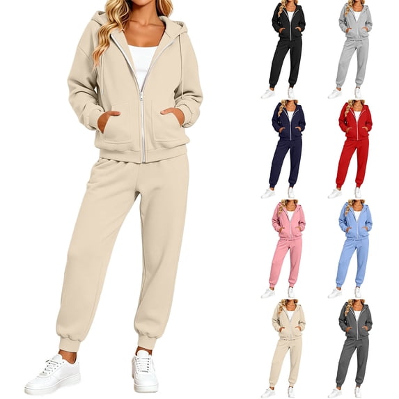 Women's Fleece Lined 2 Piece Tracksuit Zip Up Hoodie Jacket Jogger Pants Set Drawstring Waist Loose Fit Fall Winter Casual Loungewear Red