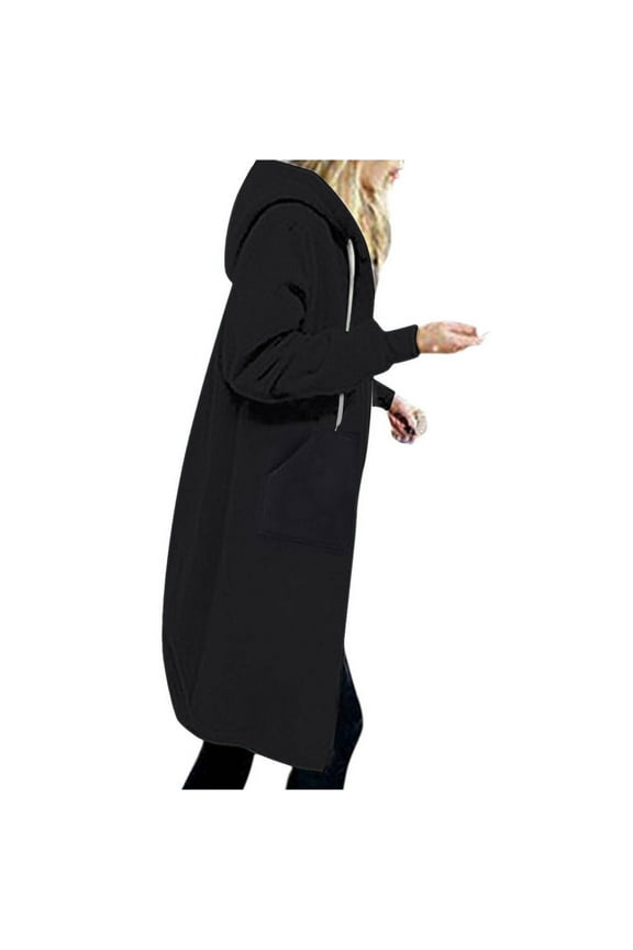 Women's Fleece Lined Clothes Hooded Sweatshirt Outerwears Plus Size Solid Color Winter Long Trench Coat Zip Up Cardigan Fall Fashion With Pocket Black XXXL