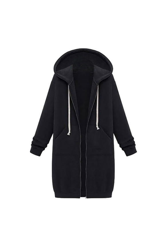 Women's Fleece Lined Clothes Hooded Sweatshirt Outerwears Plus Size Solid Color Winter Long Trench Coat Zip Up Cardigan Fall Fashion With Pocket Black XXXL