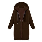 CZHJS Women's Fleece Lined Clothes Hooded Sweatshirt Outerwears Plus Size Solid Color Winter Long Trench Coat Zip Up Cardigan Fall Fashion With Pocket Coffee XXXL