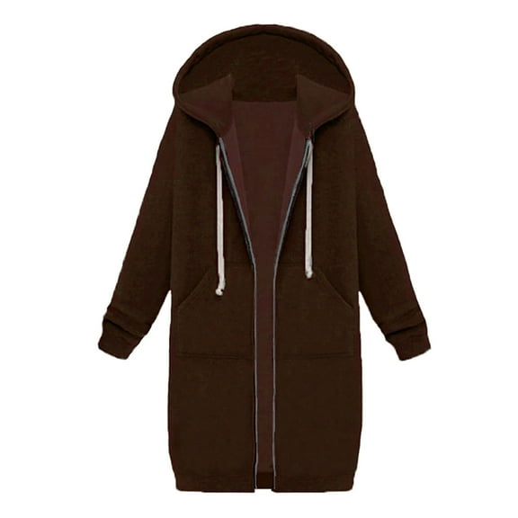 Women's Fleece Lined Clothes Hooded Sweatshirt Outerwears Plus Size Solid Color Winter Long Trench Coat Zip Up Cardigan Fall Fashion With Pocket Coffee XXXL