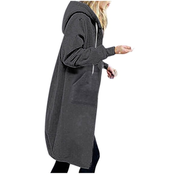Women's Fleece Lined Clothes Hooded Sweatshirt Outerwears Plus Size Solid Color Winter Long Trench Coat Zip Up Cardigan Fall Fashion With Pocket Dark Gray L