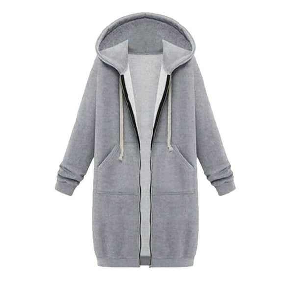 Women's Fleece Lined Clothes Hooded Sweatshirt Outerwears Plus Size Solid Color Winter Long Trench Coat Zip Up Cardigan Fall Fashion With Pocket Gray XXL