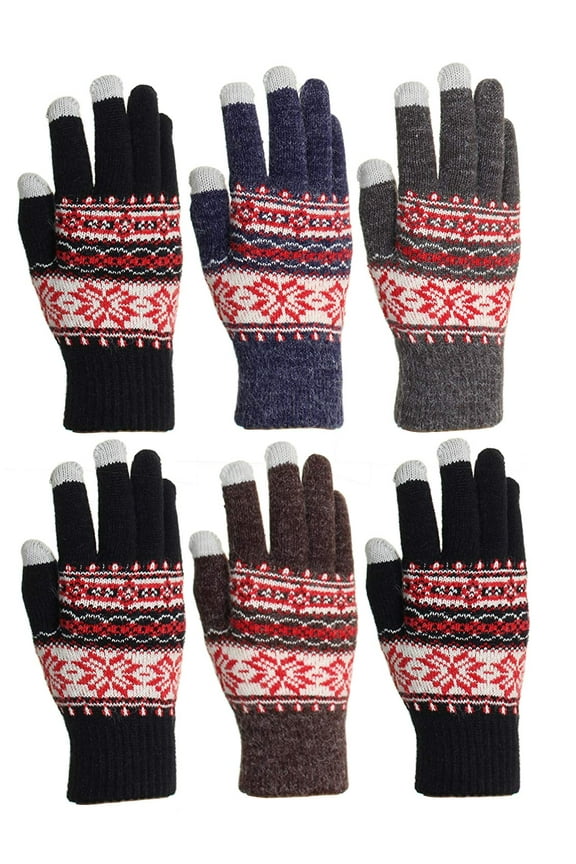 Women's Fleece Lined Acrylic Magic Glove with Touchscreen Technology 6 Pair (Holiday Snowflake)