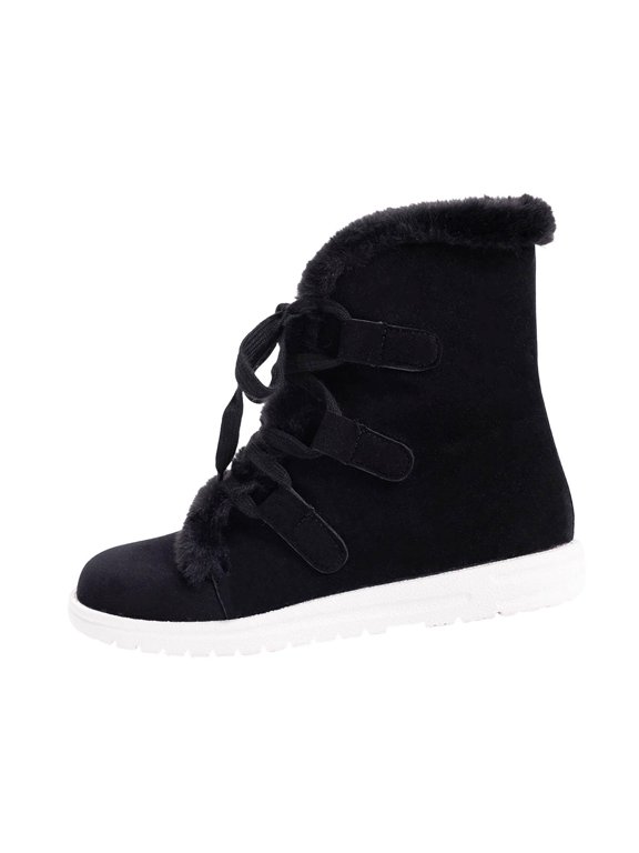 Women's Fleece Lined Ankle Boots Furry Trim Round Toe Shoes Lace Up Platform Warm Booties for Fall Winter