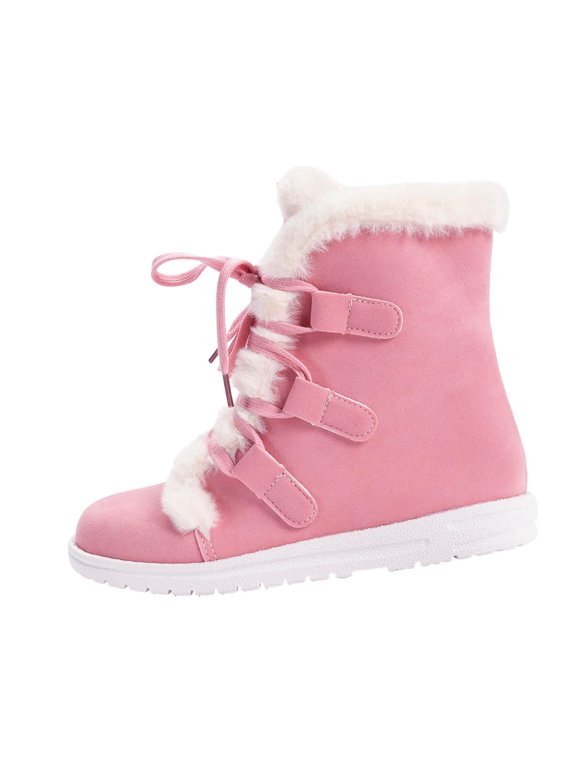 Women's Fleece Lined Ankle Boots Furry Trim Round Toe Shoes Lace Up Platform Warm Booties for Fall Winter