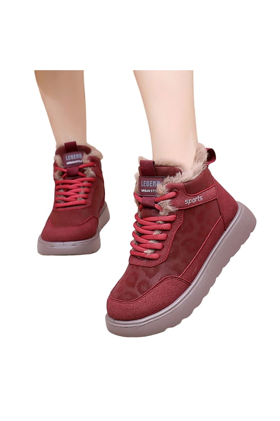 Women's Fleece Lined Ankle Boots Platform Non Slip Snow Booties Leopard Print Winter Warm Lace Up Casual Cotton Shoes Red Size 5.5