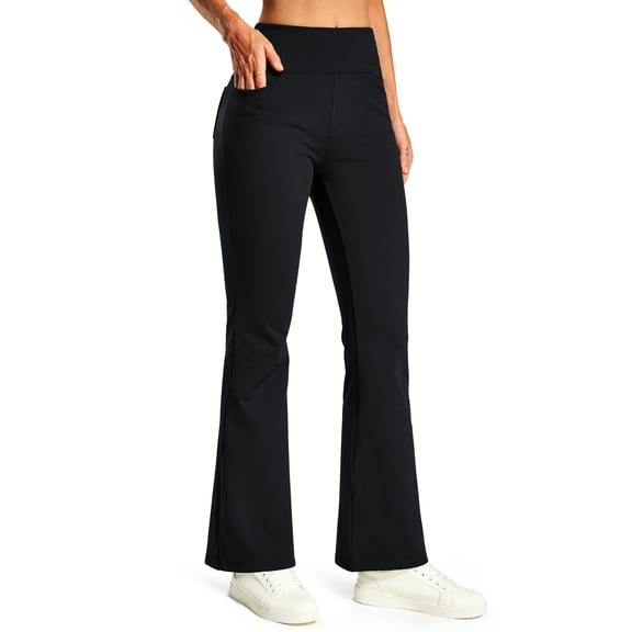 Women's Fleece Lined Bootcut Pants, High Waisted Stretch Casual Pants, Warm Winter Work Pants with Pockets
