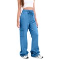 thumbnail image 1 of Women's Fleece-Lined Cargo Joggers with Stacked Cuffs, Drawstring Waist, Blue, Size XXL, 1 of 3