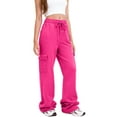 thumbnail image 1 of Women's Fleece-Lined Cargo Joggers with Stacked Cuffs, Drawstring Waist, Pink, Size L, 1 of 3