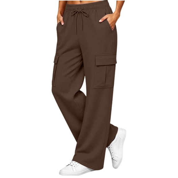 Women's Fleece Lined Cargo Pants Elastic Waist Drawstring Wide Leg Casual Lounge Trousers Cozy Fall Winter Jogger Pants with Pockets Coffee