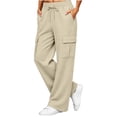 thumbnail image 1 of Women's Fleece Lined Cargo Pants Elastic Waist Drawstring Wide Leg Casual Lounge Trousers Cozy Fall Winter Jogger Pants with Pockets Khaki, 1 of 9