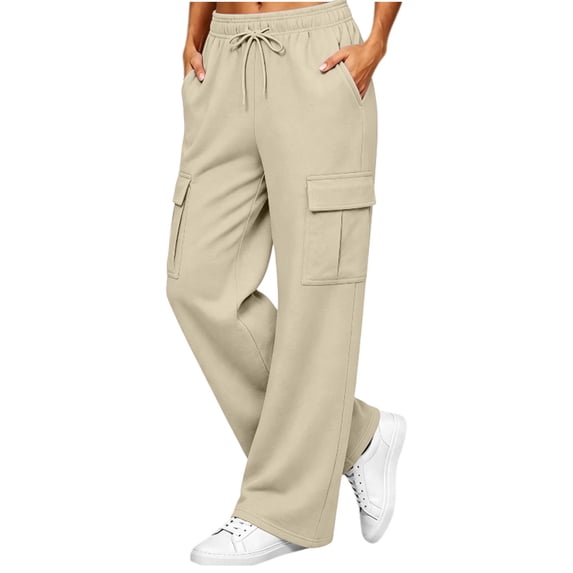 Women's Fleece Lined Cargo Pants Elastic Waist Drawstring Wide Leg Casual Lounge Trousers Cozy Fall Winter Jogger Pants with Pockets Khaki