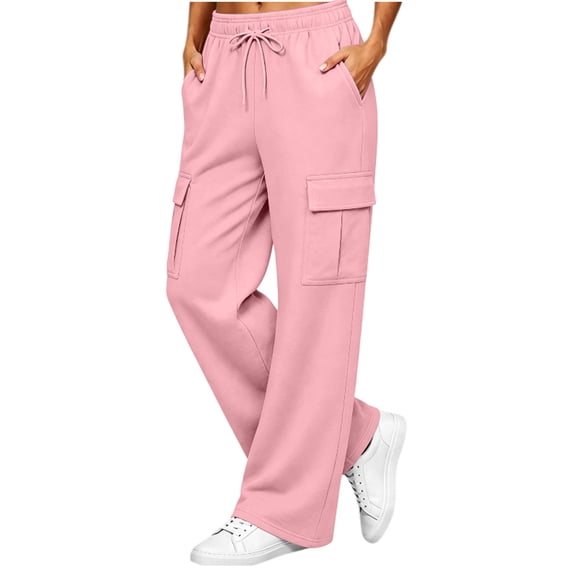 Women's Fleece Lined Cargo Pants Elastic Waist Drawstring Wide Leg Casual Lounge Trousers Cozy Fall Winter Jogger Pants with Pockets Pink