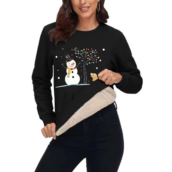 Women's Fleece Lined Christmas Sweatshirt Long Sleeve Snowman Print Crewneck Pullover Top Black 2XL