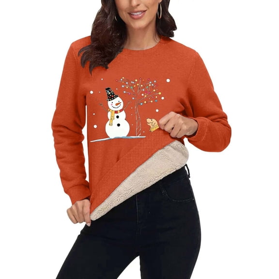 Women's Fleece Lined Christmas Sweatshirt Long Sleeve Snowman Print Crewneck Pullover Top Orange XL