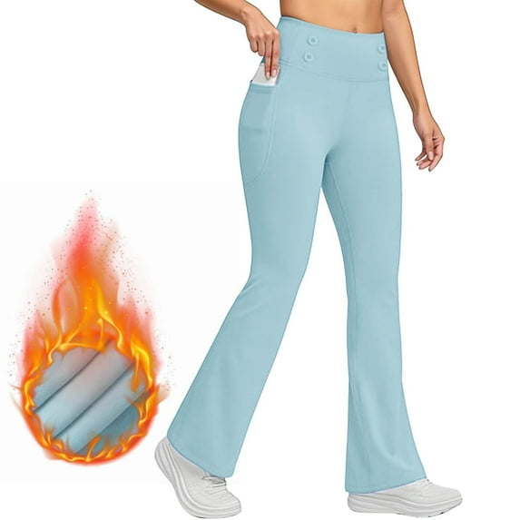 Women's Fleece Lined Flare Leggings, High Waist Yoga Pants with Pockets, Butt Lifting Thermal Tights, Tummy Control Workout Leggings, Winter Warm Athletic Wear, Everyday Comfort Fit Sky Blue XL