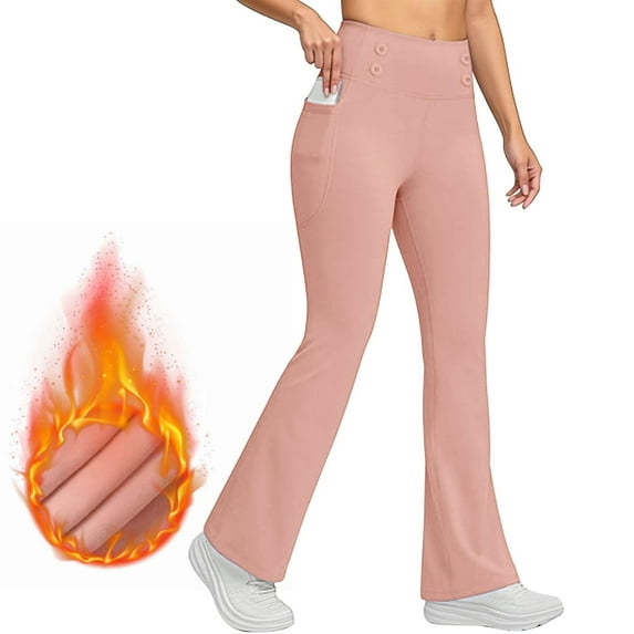 Women's Fleece Lined Flare Leggings, High Waist Yoga Pants with Pockets, Butt Lifting Thermal Tights, Tummy Control Workout Leggings, Winter Warm Athletic Wear, Everyday Comfort Fit Pink S