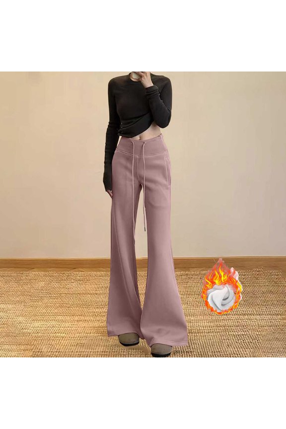 Women's Fleece Lined Flare Pants, High Waist Slim Fit Trousers, Warm Winter Dress Pants, Soft Thermal Pants, Retro Style Work Pants, Casual Office Pants Pink S