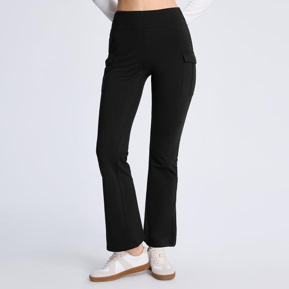 Women’s Fleece Lined Flare Pants, High Waisted Stretch Casual Pants with Cargo Pockets, Warm Bootcut Pants for Fall Winter, 29"/31" Inseam