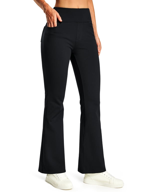 Women's Fleece Lined Bootcut Pants, High Waisted Stretch Casual Pants, Warm Winter Work Pants with Pockets