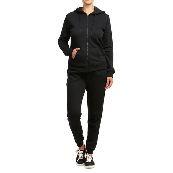 Women's 2-Piece Cotton Fleece Lined Full Zip Hoodie & Jogger Tracksuit Sweatsuits Set, Black Large