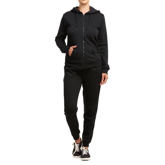 Women's 2-Piece Cotton Fleece Lined Full Zip Hoodie & Jogger Tracksuit Sweatsuits Set, Black Medium