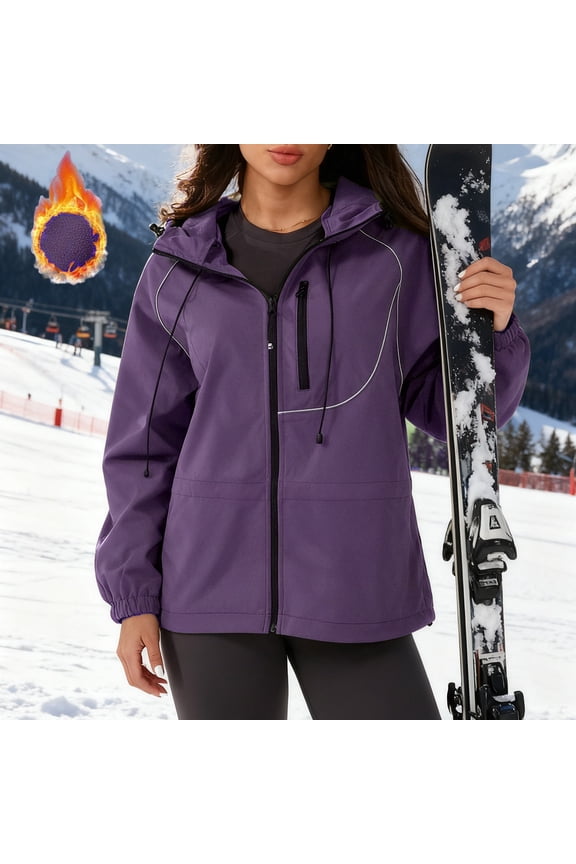 Women's Fleece Lined Hooded Jackets Windproof Waterproof Cuffed Long Sleeve Zip Up Reflective Stripes Ski Windbreaker with Pockets Purple L