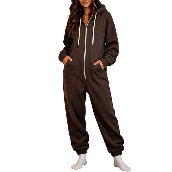 Women's Fleece Lined Hooded Jumpsuit Long Sleeve Zip Up One Piece Tracksuit Loose Fit Soft Warm Cozy Fall Winter Loungewear Y2K Streetwear with Pockets Brown