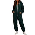 thumbnail image 1 of Women's Fleece Lined Hooded Jumpsuit Long Sleeve Zip Up One Piece Tracksuit Loose Fit Soft Warm Cozy Fall Winter Loungewear Y2K Streetwear with Pockets Green, 1 of 7