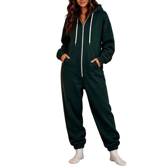 Women's Fleece Lined Hooded Jumpsuit Long Sleeve Zip Up One Piece Tracksuit Loose Fit Soft Warm Cozy Fall Winter Loungewear Y2K Streetwear with Pockets Green