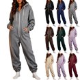 thumbnail image 1 of Women's Fleece Lined Hooded Jumpsuit Long Sleeve Zip Up One Piece Tracksuit Loose Fit Soft Warm Cozy Fall Winter Loungewear Y2K Streetwear with Pockets Wine, 1 of 7