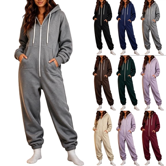 Women's Fleece Lined Hooded Jumpsuit Long Sleeve Zip Up One Piece Tracksuit Loose Fit Soft Warm Cozy Fall Winter Loungewear Y2K Streetwear with Pockets Wine
