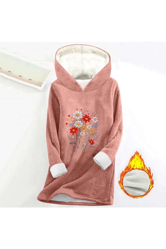 Women's Fleece Lined Hoodie Long Sleeve Printed Base Layer Underwear Tops Pink 2XL
