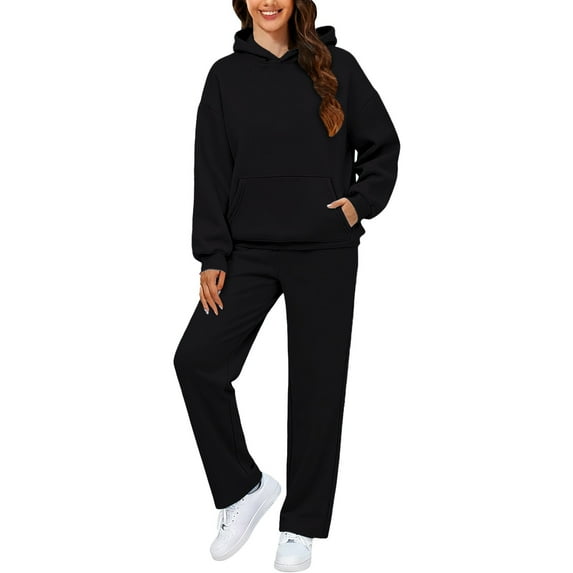 Women's Fleece Lined Hoodie and Sweatpants Set, Solid Color Two Piece Outfit, Pocketed Pullover with Elastic Waist Pants, Casual Sporty Set, Fall Winter Wear Black XXXL