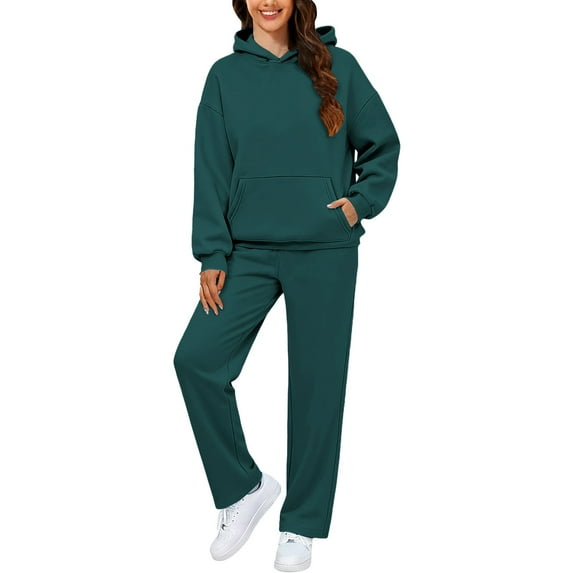 Women's Fleece Lined Hoodie and Sweatpants Set, Solid Color Two Piece Outfit, Pocketed Pullover with Elastic Waist Pants, Casual Sporty Set, Fall Winter Wear Blackish Green L