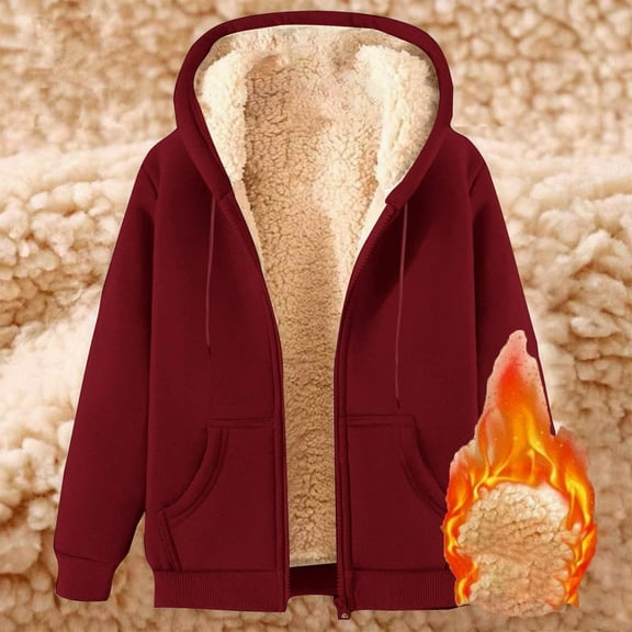Women's Fleece Lined Hoodie Zip Up Winter Warm Hooded Sweatshirts Cozy Jacket Coat Women Loose Long Sleeve Solid Sweatshirt With Drop Shoulder Sleeves