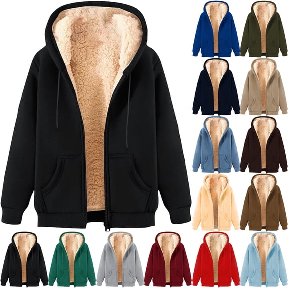 Women's Fleece Lined Hoodie Zip Up Winter Warm Hooded Sweatshirts Cozy Jacket Coat Women Loose Long Sleeve Solid Sweatshirt With Drop Shoulder Sleeves