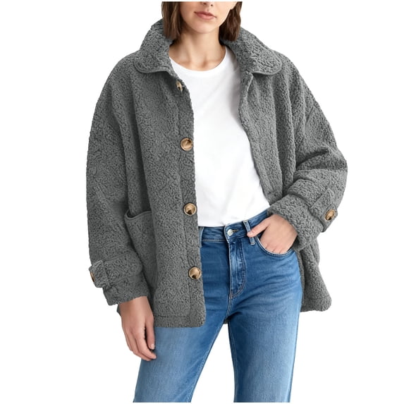 Women's Fleece Lined Jacket Long Sleeve Lapel Collar Button Down Solid Cardigan Coat with Pockets Gray 2XL