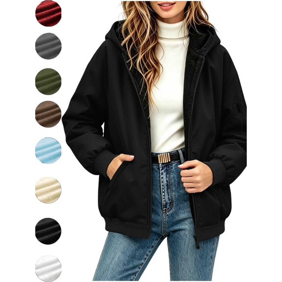 Women's Fleece Lined Jacket Waterproof Windproof Hooded Bomber Rain Coat Winter Warm Outdoor Jackets