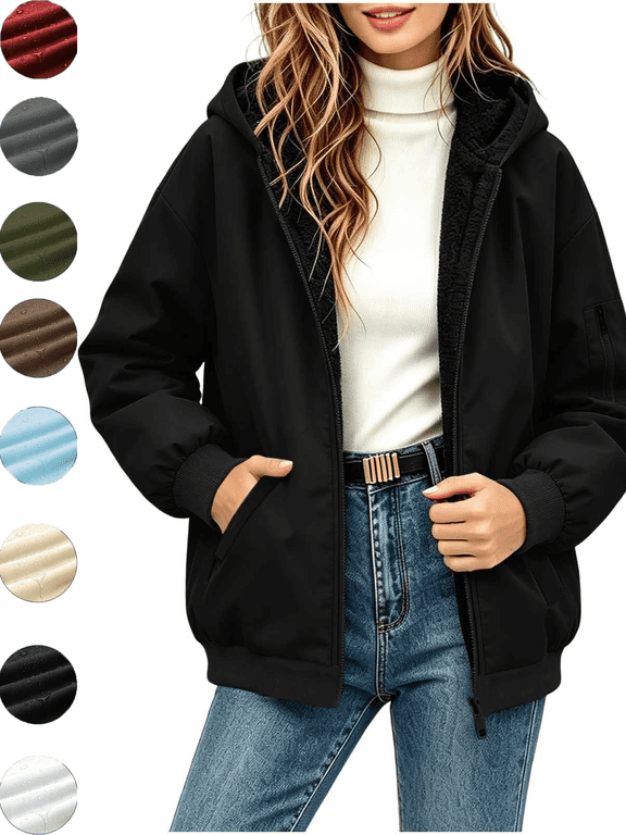 Women's Fleece Lined Jacket Waterproof Windproof Hooded Bomber Rain Coat Winter Warm Outdoor Jackets