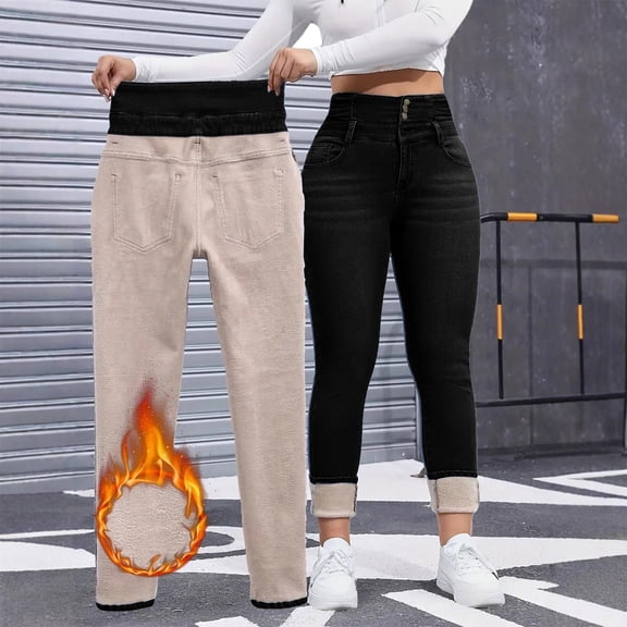 Women's Fleece Lined Jeans, High Waist Thermal Pants, Slim Fit Warm Denim, Winter Skinny Jeans, Stretch Insulated Pants, Cold Weather Comfort Fit Black
