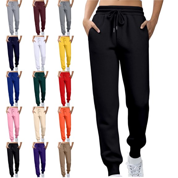 Women's Fleece Lined Joggers with Pockets High Waisted Straight Leg Sweatpants Winter Warm Lounge Jogging Pants Black L